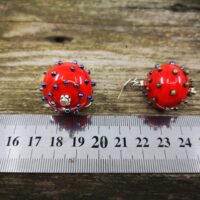 Bright red hollow glass lampwork bead earrings with metallic color bumps. - Image 6