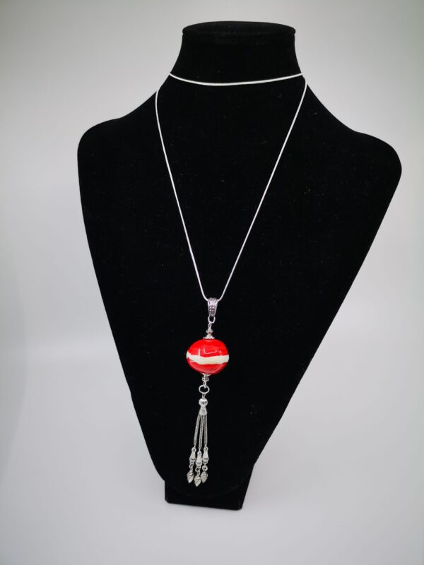 Big hollow bead pendant in colours of the Latvian flag with metal tassel on a chain - Image 2