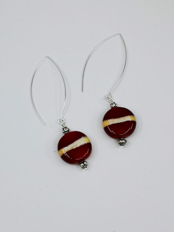 Small flat bead earrings in colours of the Latvian flag with long hooks - Image 5