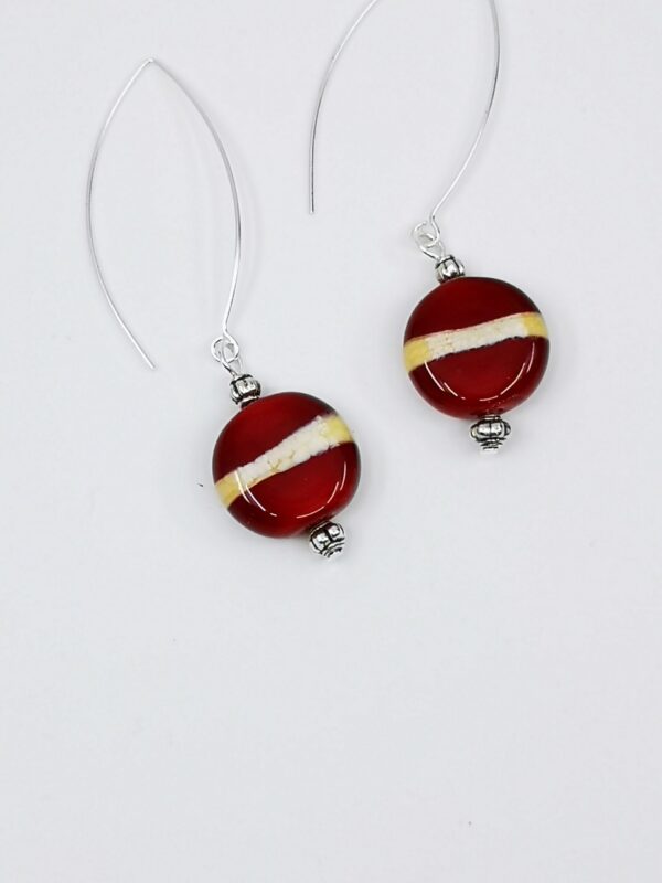 Small flat bead earrings in colours of the Latvian flag with long hooks - Image 3