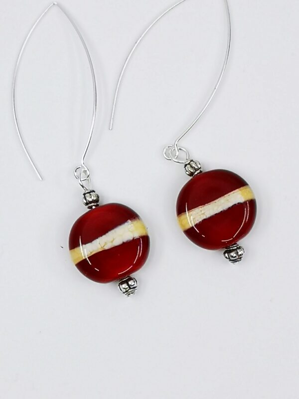 Small flat bead earrings in colours of the Latvian flag with long hooks