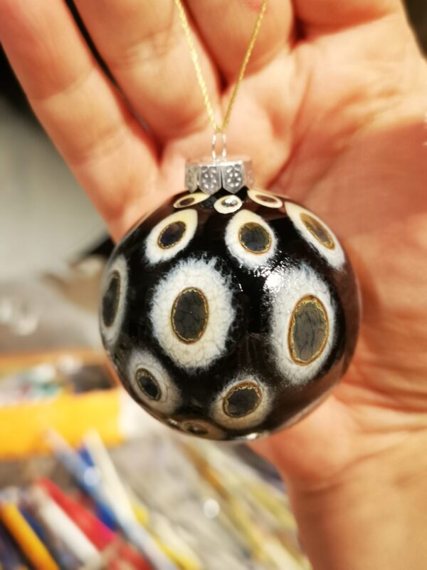 Black ivory and silver glass Christmas bauble ornament with dots - Image 2