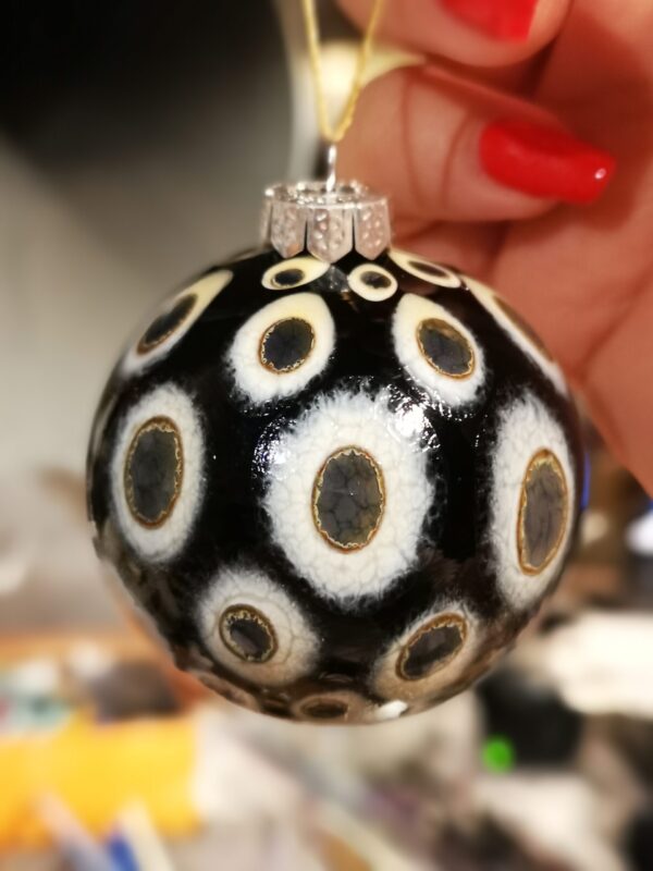 Black ivory and silver glass Christmas bauble ornament with dots