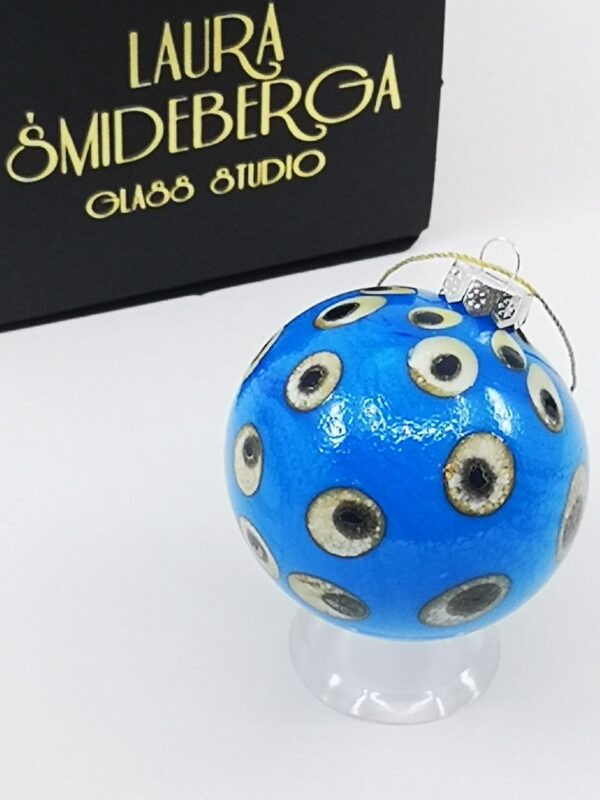 Electric blue and silver glass Christmas bauble ornament with dots - Image 2